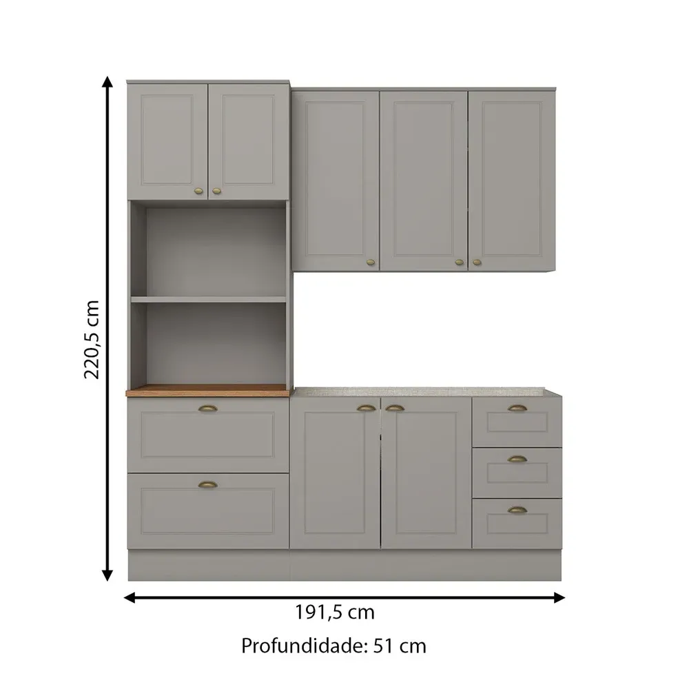 Armário de Cozinha Completa Americana 7 Portas 5 Gavetas 100% MDF Cinza/Nature - Henn - 3