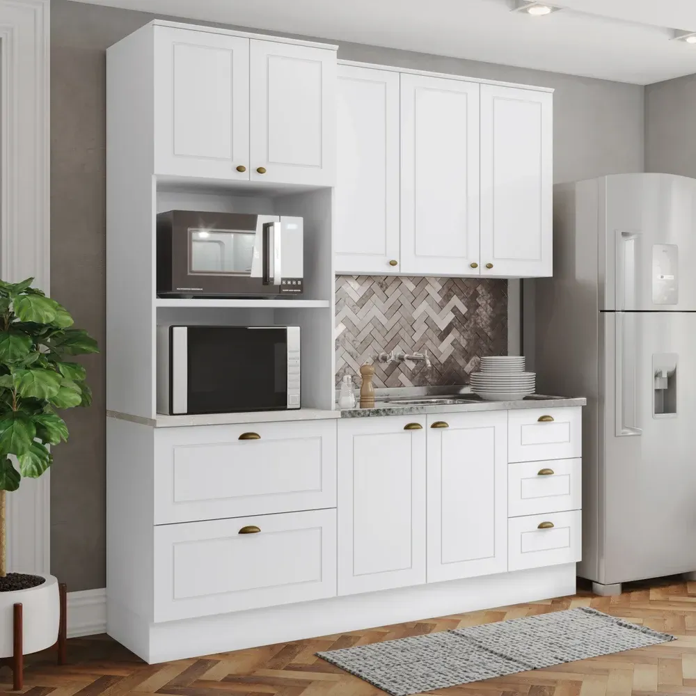 Armário de Cozinha Completa Americana 7 Portas 5 Gavetas 100% MDF Branco - Henn - 1