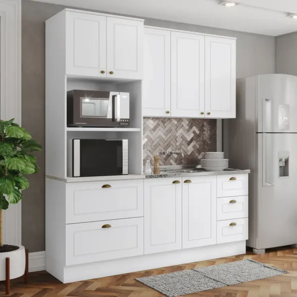 Armário de Cozinha Completa Americana 7 Portas 5 Gavetas 100% MDF Branco - Henn
