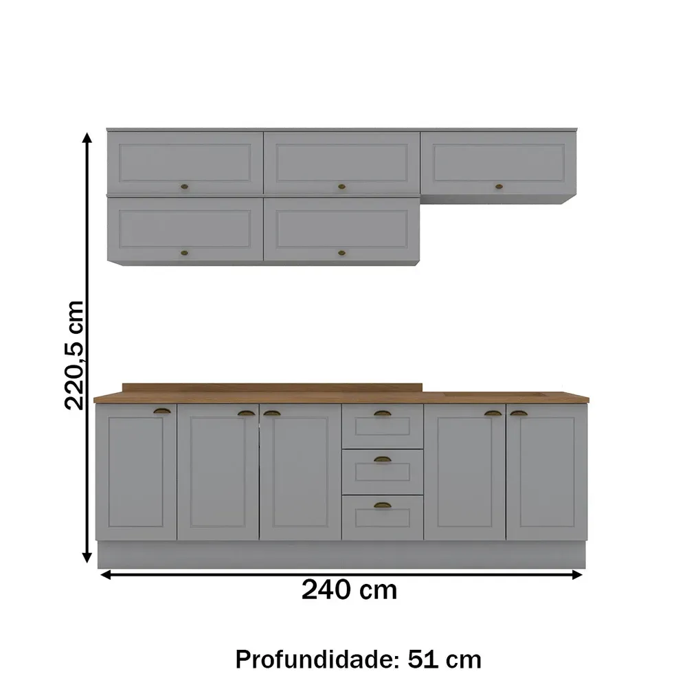 Armário de Cozinha Completa Americana 10 Portas 3 Gavetas 100% MDF Cinza - Henn - 3