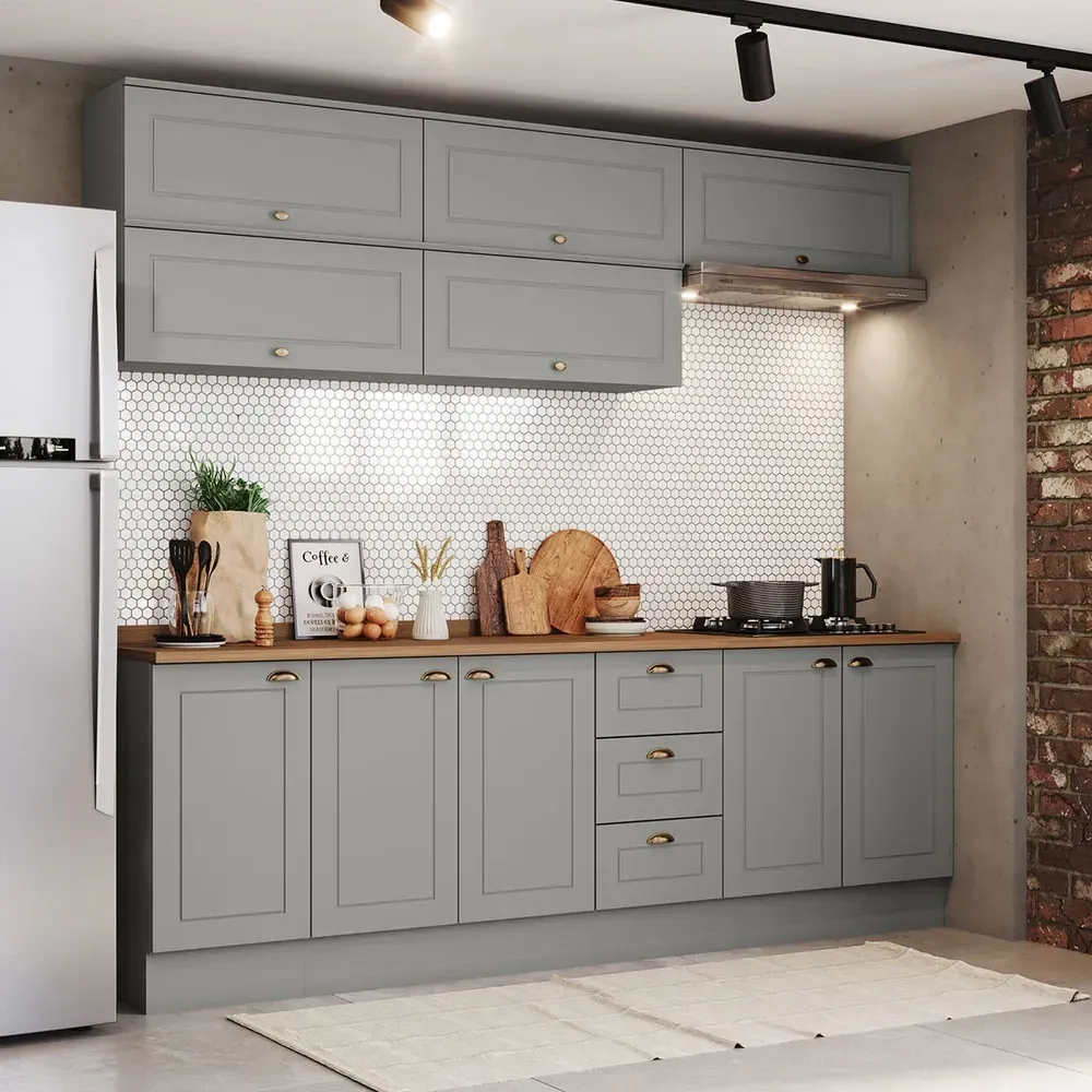 Armário de Cozinha Completa Americana 10 Portas 3 Gavetas 100% MDF Cinza - Henn - 1