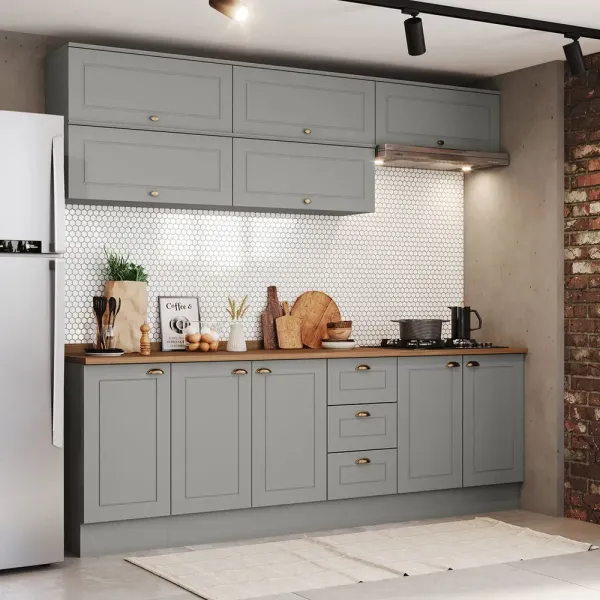 Armário de Cozinha Completa Americana 10 Portas 3 Gavetas 100% MDF Cinza - Henn