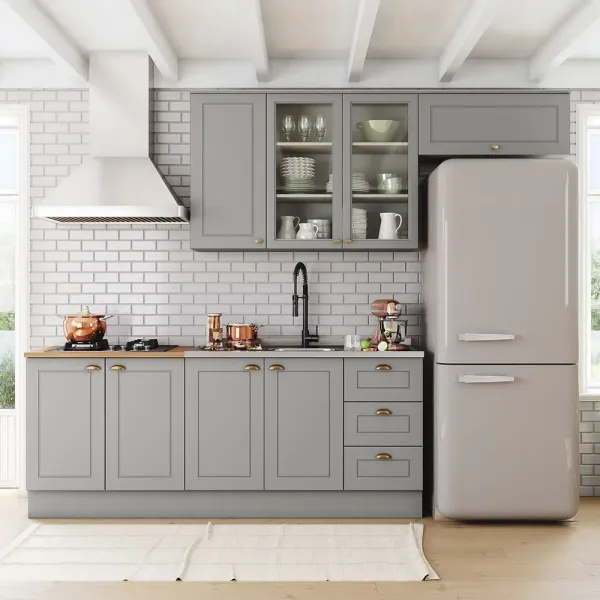 Armário de Cozinha Completa Americana 8 Portas 3 Gavetas com Vidro 100% MDF Cinza - Henn