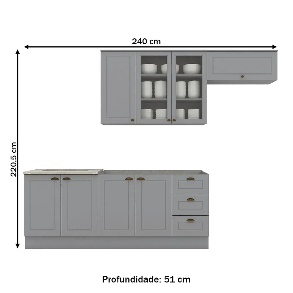 Armário de Cozinha Completa Americana 8 Portas 3 Gavetas com Vidro 100% MDF Cinza - Henn - 3