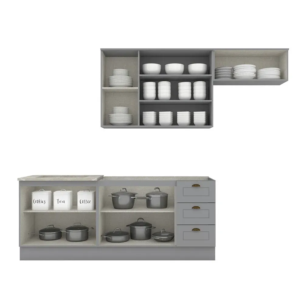 Armário de Cozinha Completa Americana 8 Portas 3 Gavetas com Vidro 100% MDF Cinza - Henn - 2