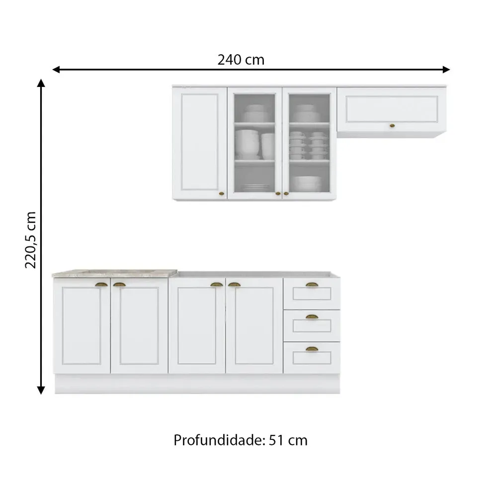 Armário de Cozinha Completa Americana 8 Portas 3 Gavetas com Vidro 100% MDF Branco - Henn - 3
