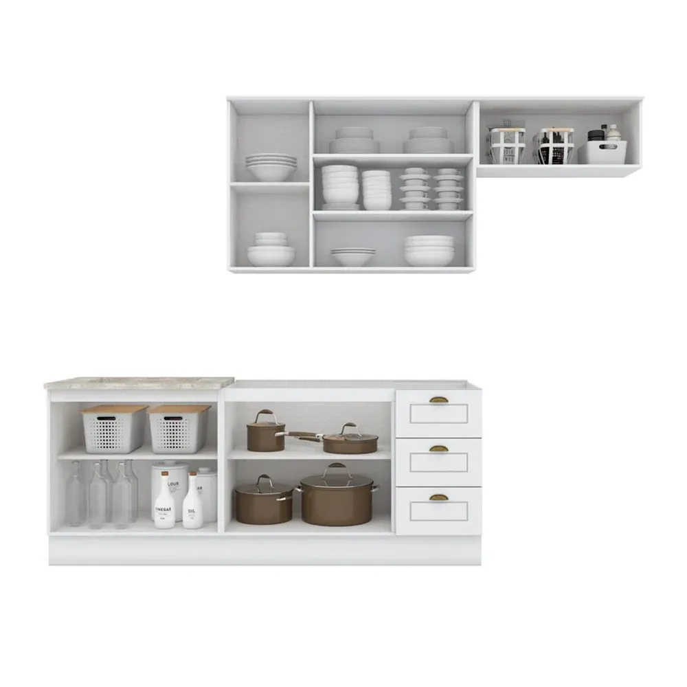 Armário de Cozinha Completa Americana 8 Portas 3 Gavetas com Vidro 100% MDF Branco - Henn - 2