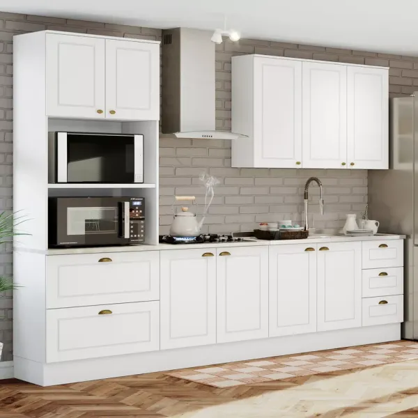 Armário de Cozinha Completa Americana 9 Portas 5 Gavetas 100% MDF Branco - Henn