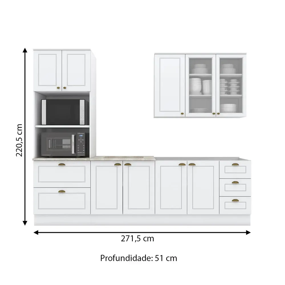 Armário de Cozinha Completa Americana 9 Portas 5 Gavetas com Vidro 100% MDF Branco - Henn - 3