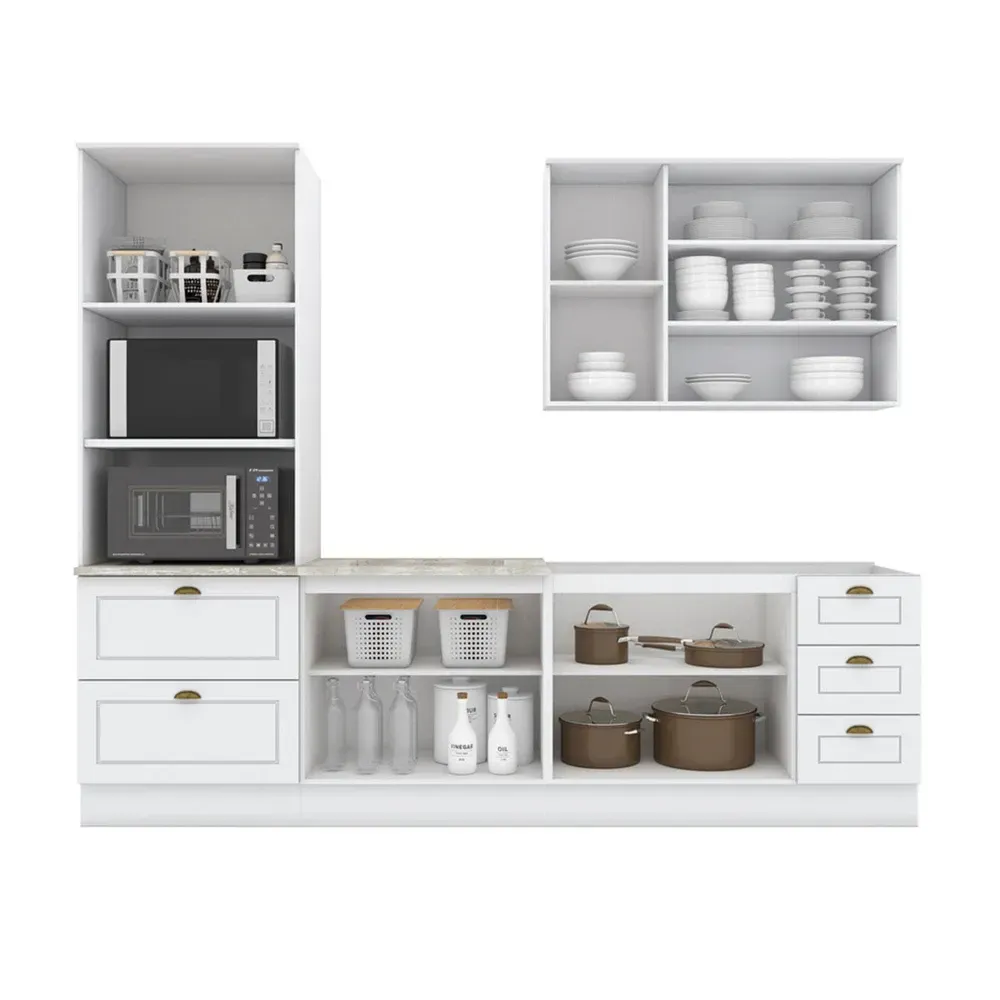 Armário de Cozinha Completa Americana 9 Portas 5 Gavetas com Vidro 100% MDF Branco - Henn - 2