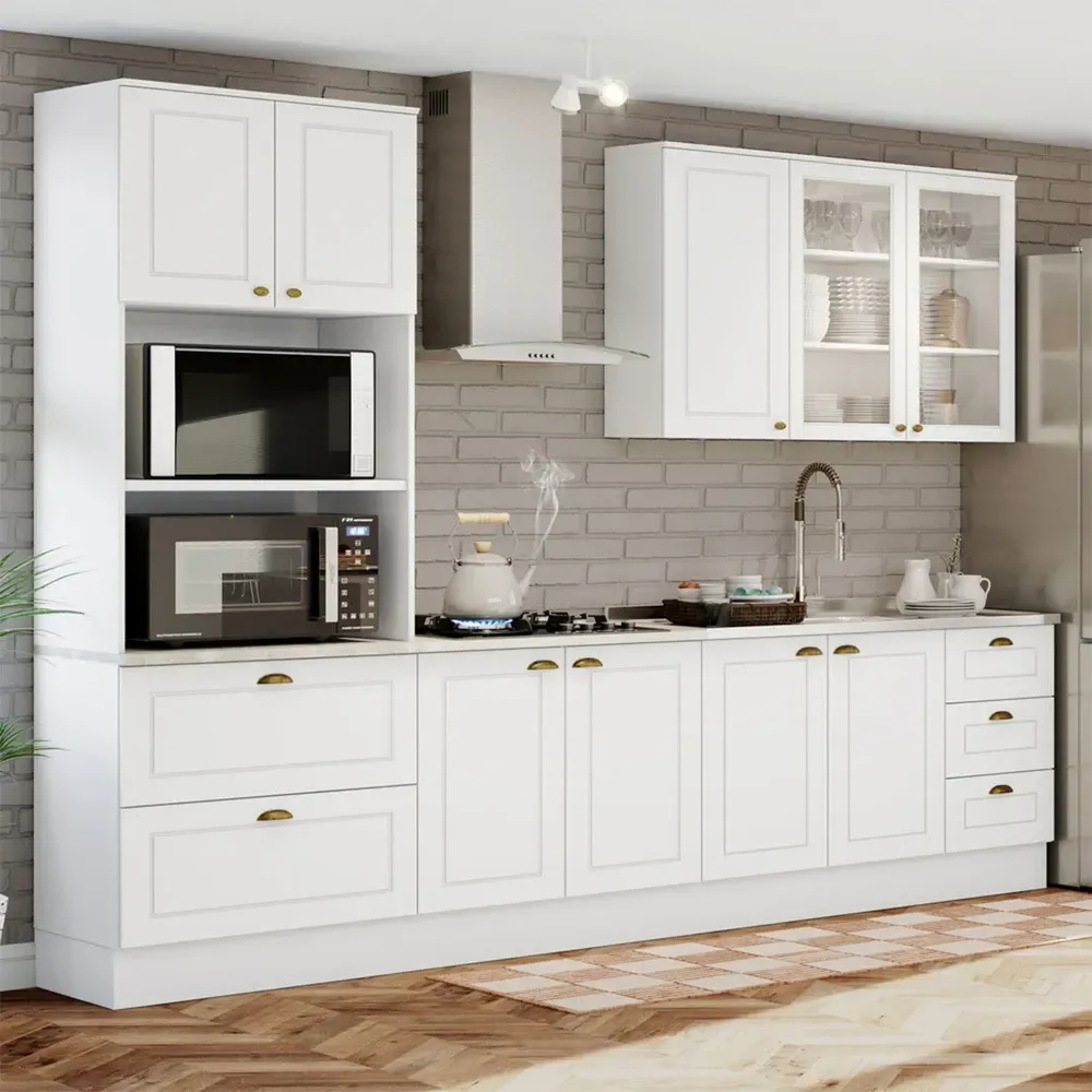 Armário de Cozinha Completa Americana 9 Portas 5 Gavetas com Vidro 100% MDF Branco - Henn - 1