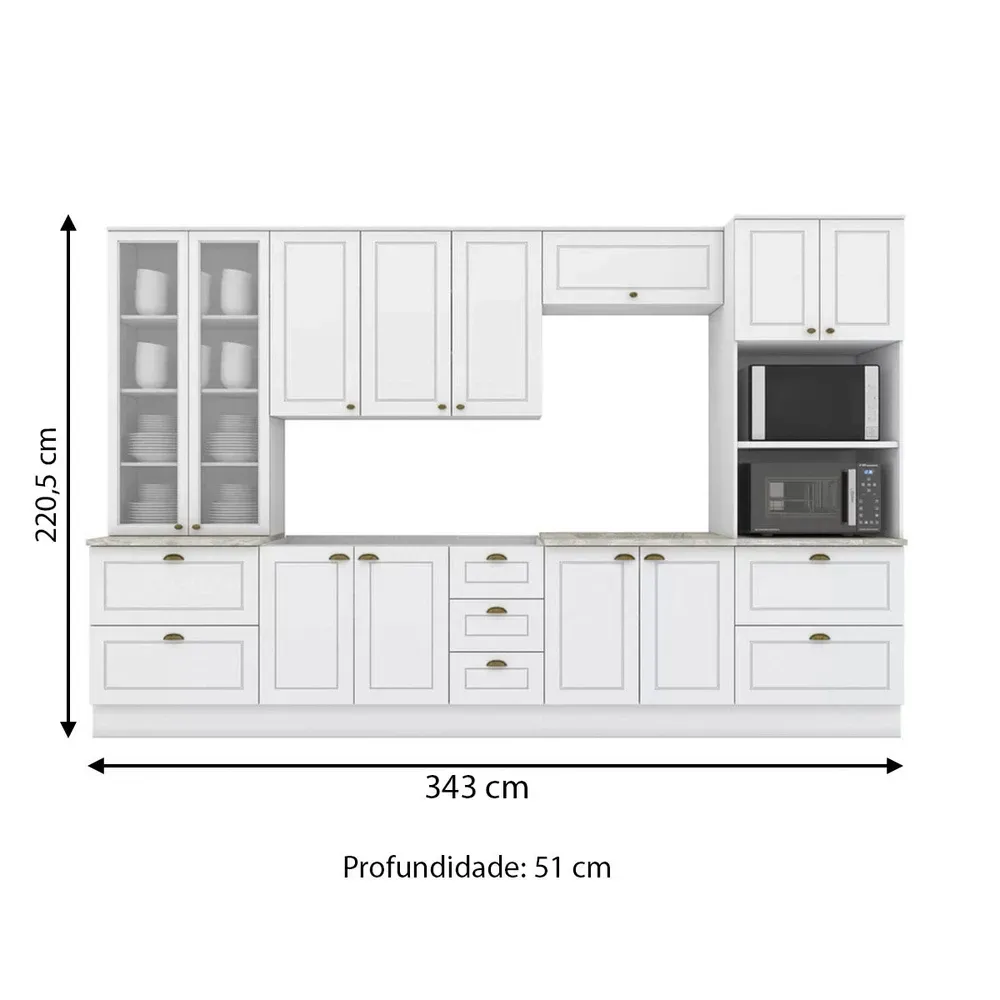 Armário de Cozinha Completa Americana 12 Portas 7 Gavetas com Vidro 100% MDF Branco Hp - Henn - 3