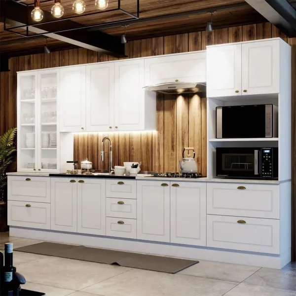 Armário de Cozinha Completa Americana 12 Portas 7 Gavetas com Vidro 100% MDF Branco Hp - Henn
