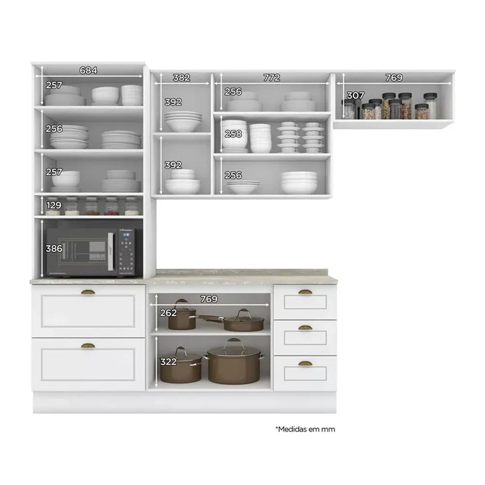 Armário de Cozinha Completa Americana 8 Portas 5 Gavetas 100% Mdf Branco - Henn - 2