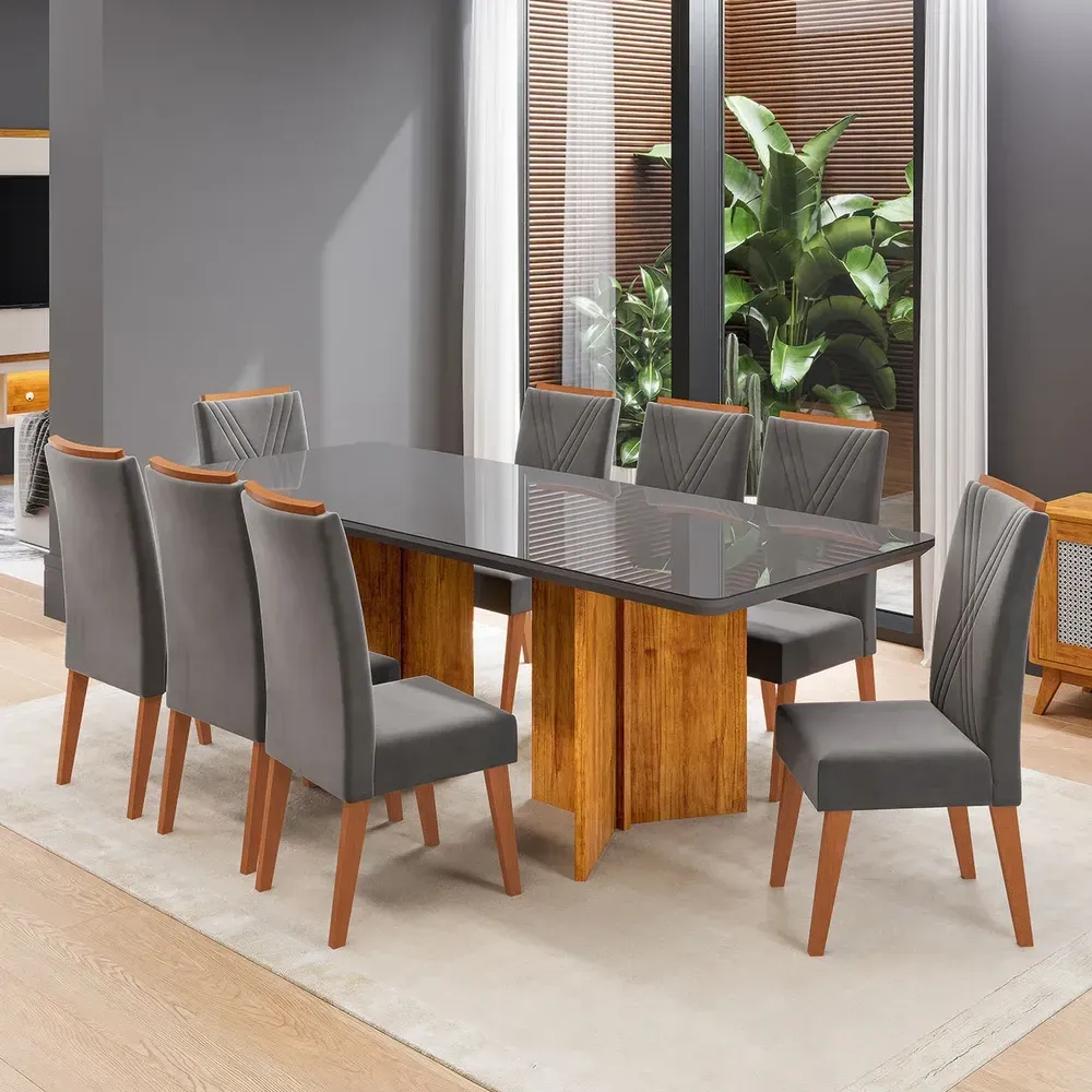 Mesa de Jantar 8 Cadeiras Princeton com Vidro Mel/Grafite/Cinza - Viero Móveis - 1