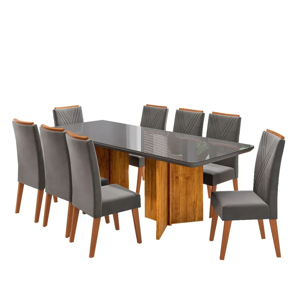 Mesa de Jantar 8 Cadeiras Princeton com Vidro Mel/Grafite/Cinza - Viero Móveis - 2