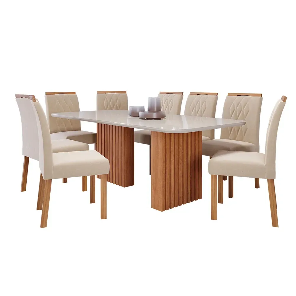 Mesa de Jantar 8 Cadeiras Ester Juliana com Vidro Ripado Cinamomo/Off White/Nude - Cimol - 2