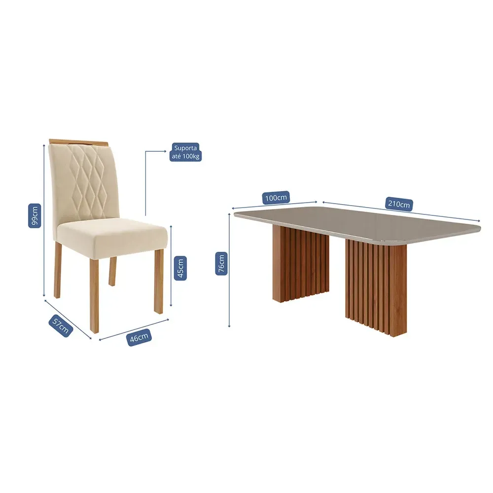 Mesa de Jantar 8 Cadeiras Ester Juliana com Vidro Ripado Cinamomo/Off White/Nude - Cimol - 3