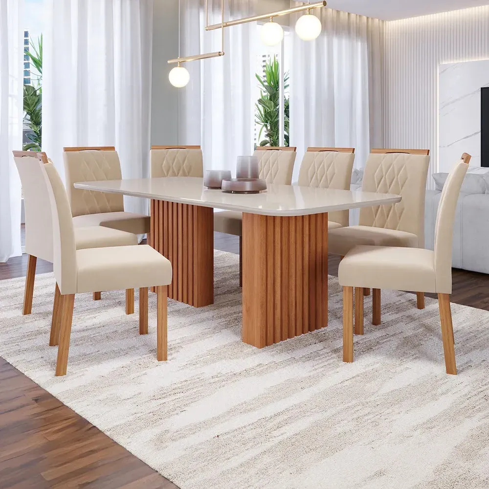 Mesa de Jantar 8 Cadeiras Ester Juliana com Vidro Ripado Cinamomo/Off White/Nude - Cimol - 1
