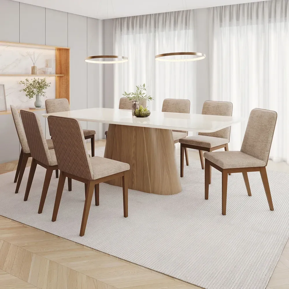 Mesa de Jantar 8 Cadeiras Olívia com Vidro Nature/Off White/Creme - Henn - 1