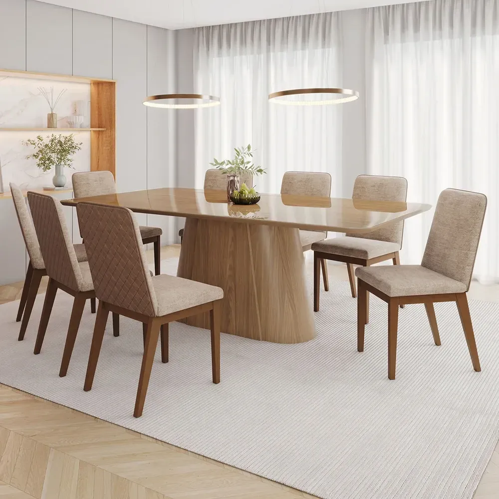 Mesa de Jantar 8 Cadeiras Olívia 200cm com Vidro Nature/Corano/Caramelo/Creme - Henn - 1