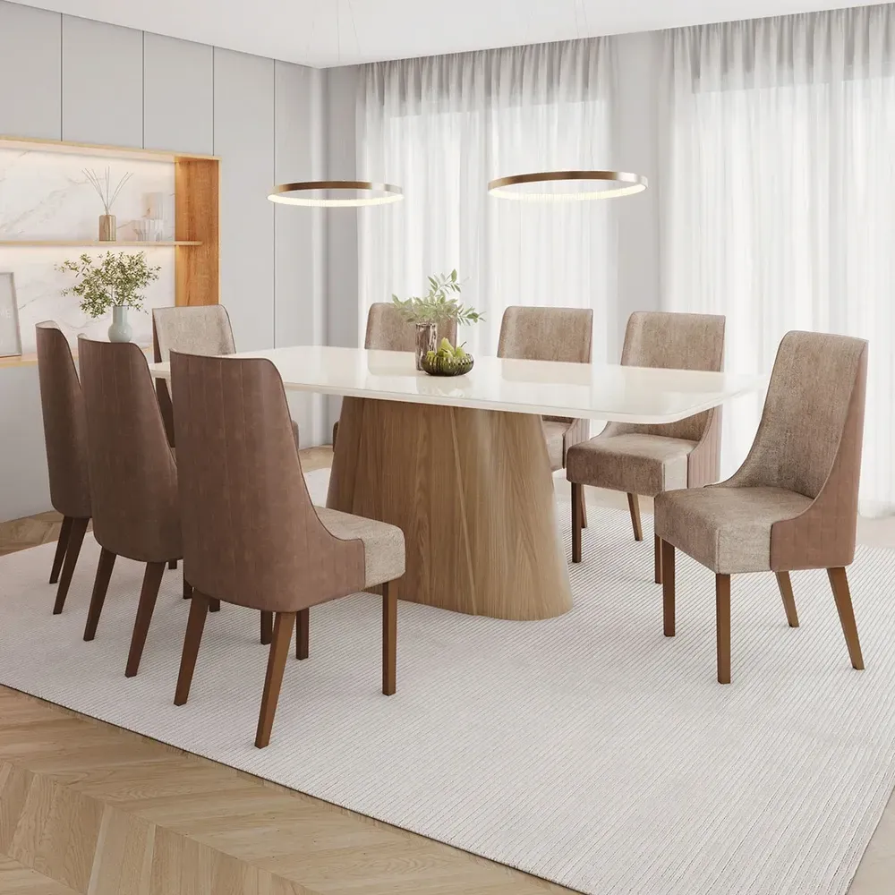 Mesa de Jantar 8 Cadeiras Olivía com Vidro Nature/Off White/Corano/Caramelo/Creme - Henn - 1
