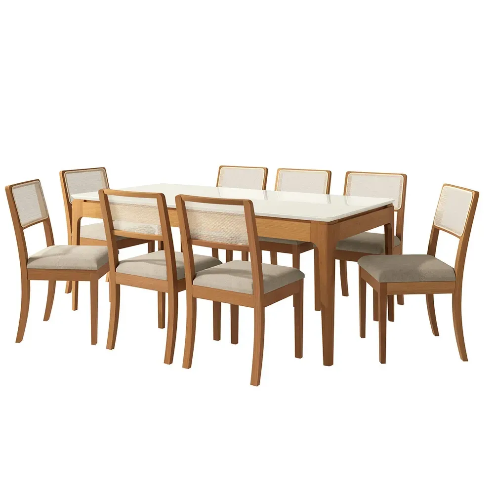 Mesa de Jantar 8 Cadeiras Loane com Vidro Madeira Maciça Off White/Fendi - Kappesberg - 2