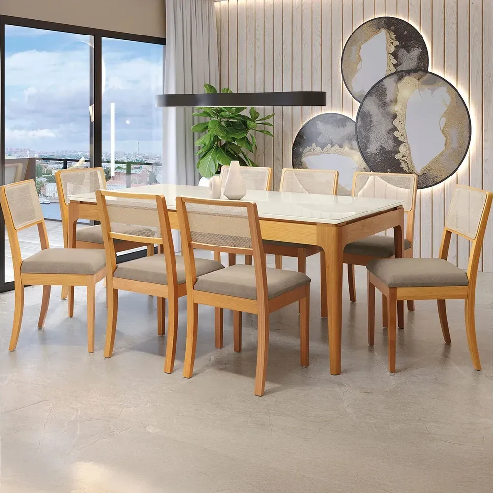 Mesa de Jantar 8 Cadeiras Loane com Vidro Madeira Maciça Off White/Fendi - Kappesberg - 1