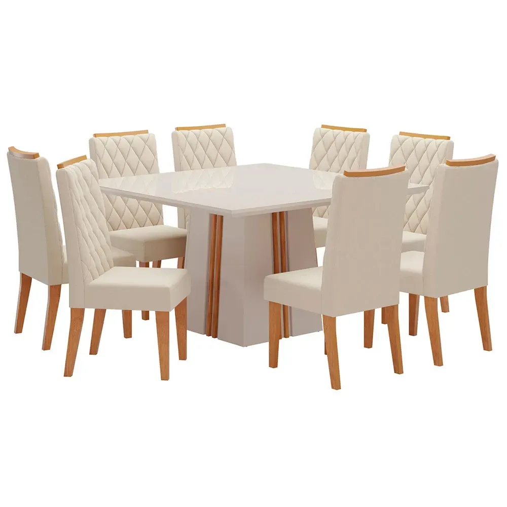 Mesa de Jantar 8 Cadeiras Amabile com Vidro Mel/Nude/Off White - Pnr Móveis - 2