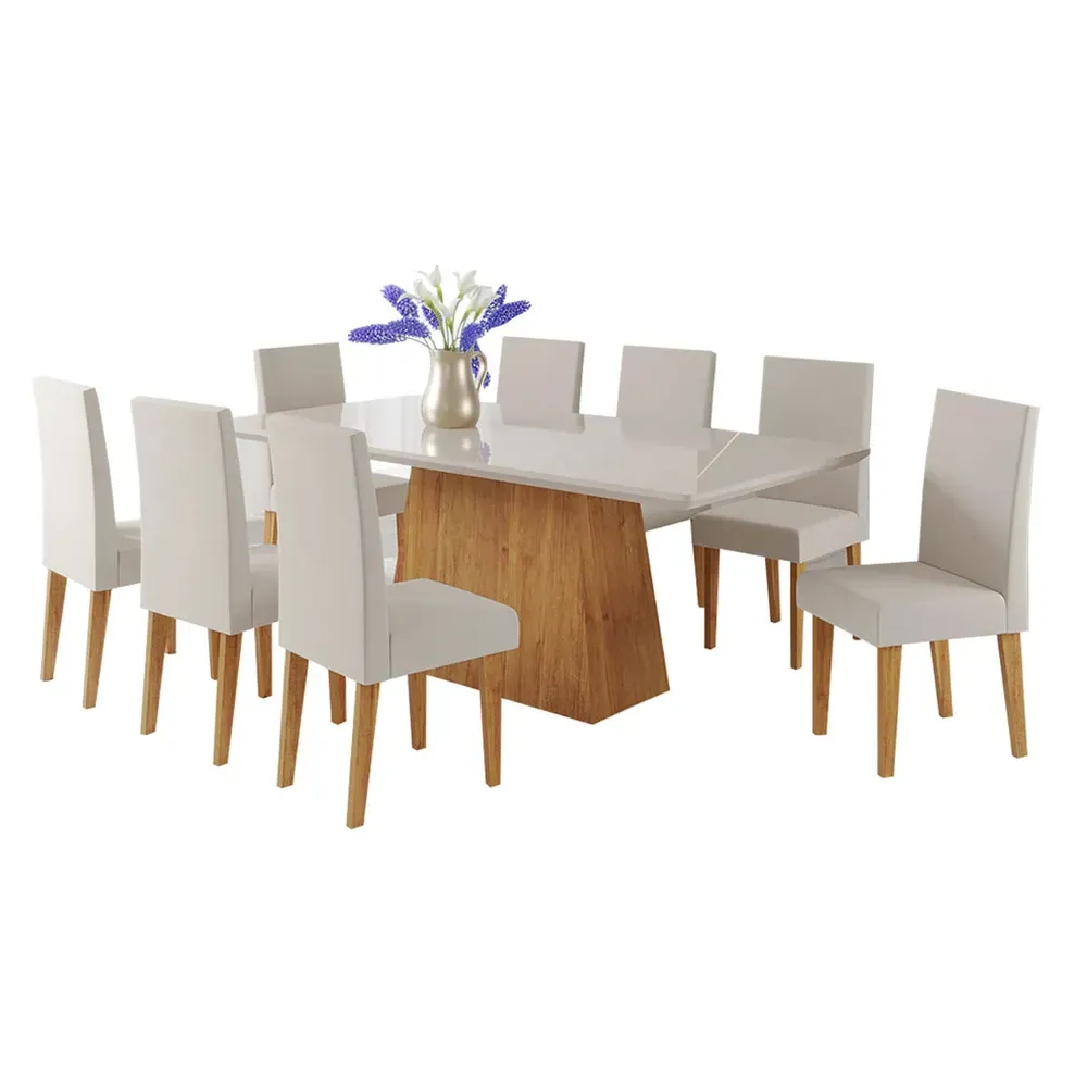 Mesa de Jantar 8 Cadeiras Bariloche com Vidro Mel/Off White/Marim - Viero Móveis - 2