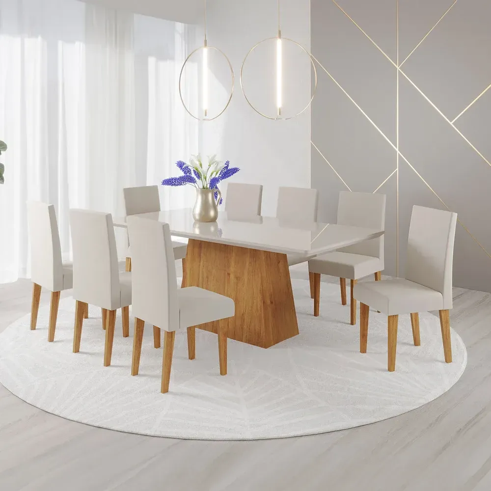 Mesa de Jantar 8 Cadeiras Bariloche com Vidro Mel/Off White/Marim - Viero Móveis - 1