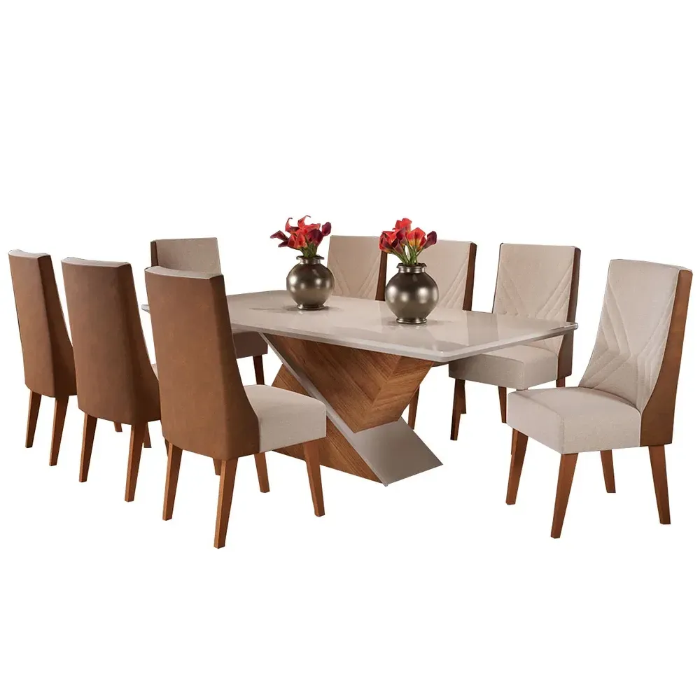 Mesa de Jantar 8 Cadeiras Luxury com Vidro Mel/Off White/Bronze - Viero Móveis - 2