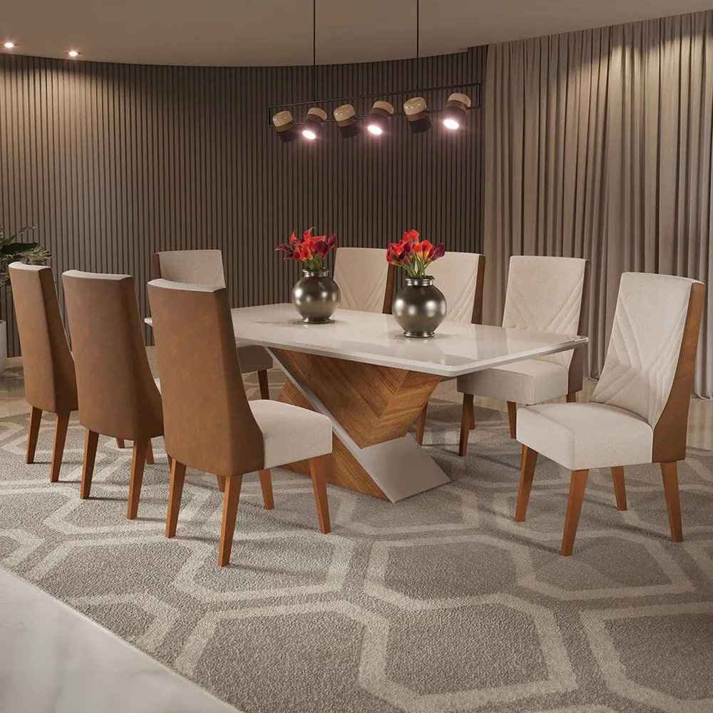 Mesa de Jantar 8 Cadeiras Luxury com Vidro Mel/Off White/Bronze - Viero Móveis - 1