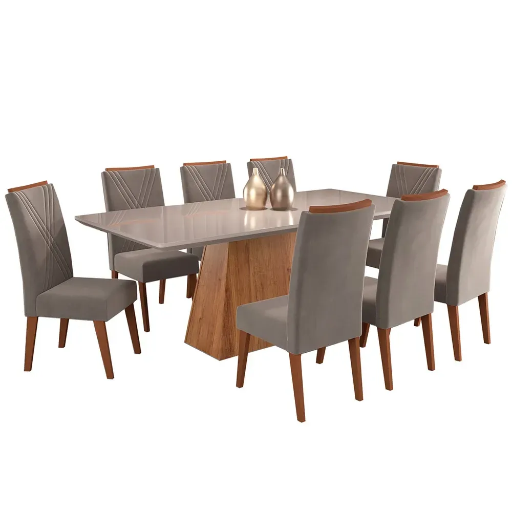 Mesa de Jantar 8 Cadeiras Barth com Vidro Mel/Perola/Off White - Viero Móveis - 2