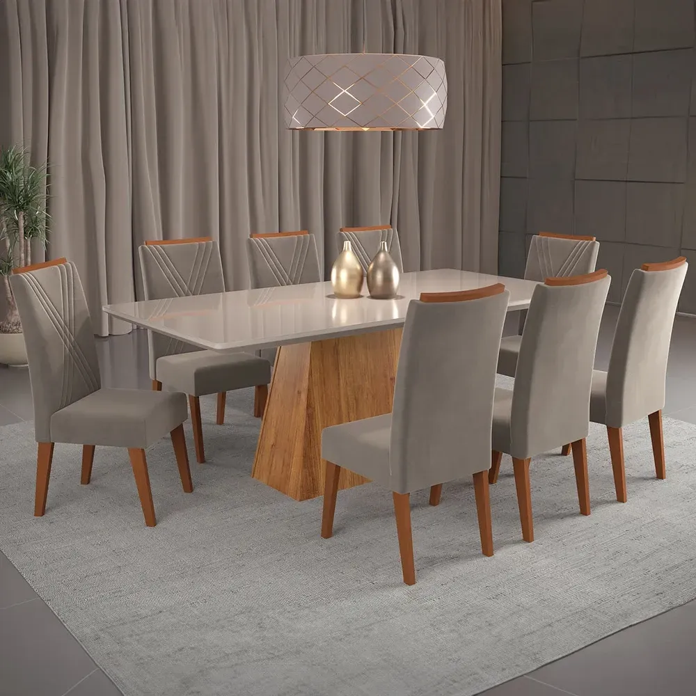 Mesa de Jantar 8 Cadeiras Barth com Vidro Mel/Perola/Off White - Viero Móveis - 1