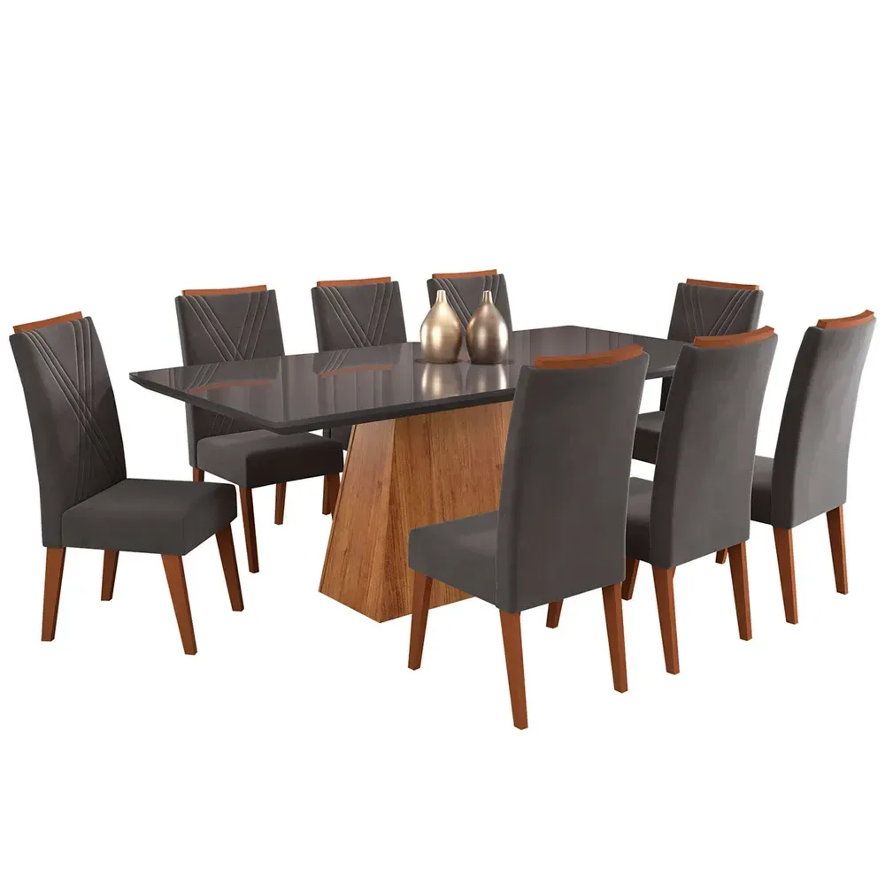 Mesa de Jantar 8 Cadeiras Barth com Vidro Mel/Grafite - Viero Móveis - 2