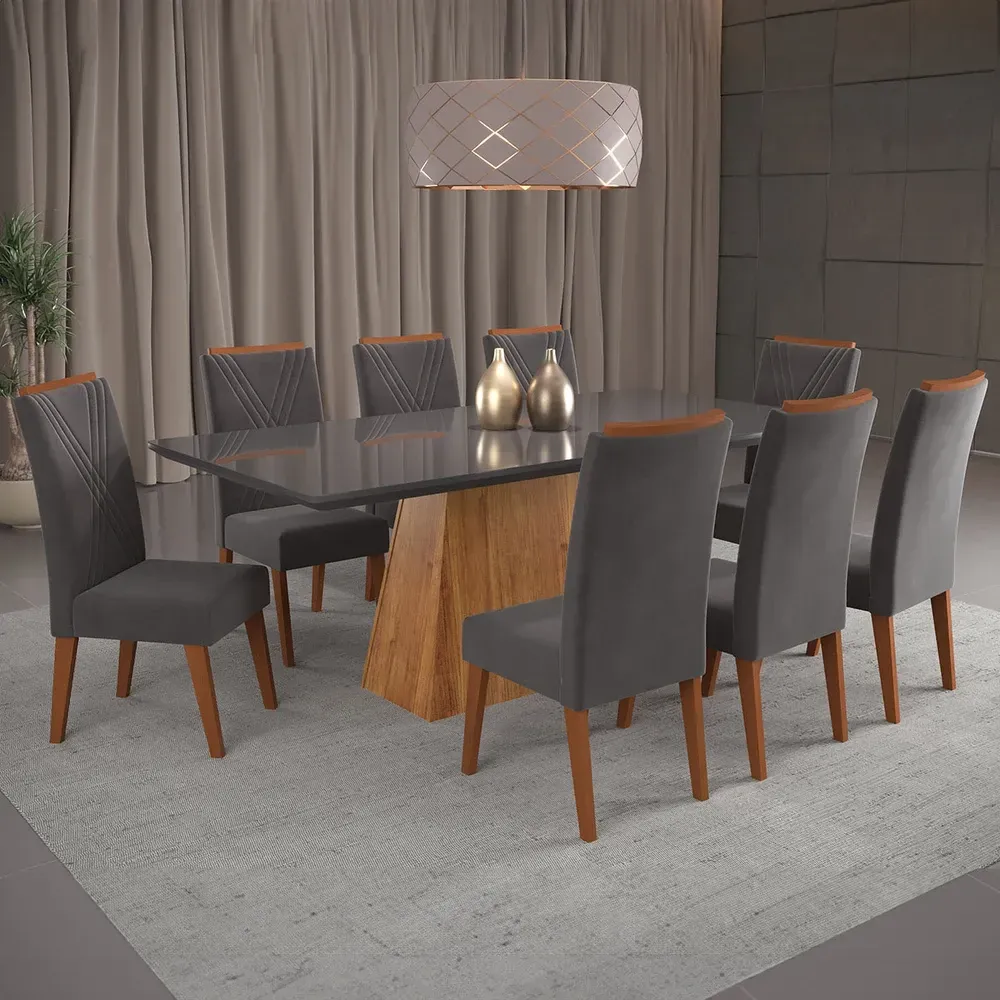 Mesa de Jantar 8 Cadeiras Barth com Vidro Mel/Grafite - Viero Móveis - 1