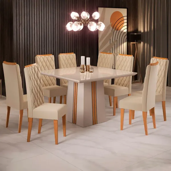 Mesa de Jantar 8 Cadeiras Perla com Vidro Mel/Nude/Off White - Viero Móveis