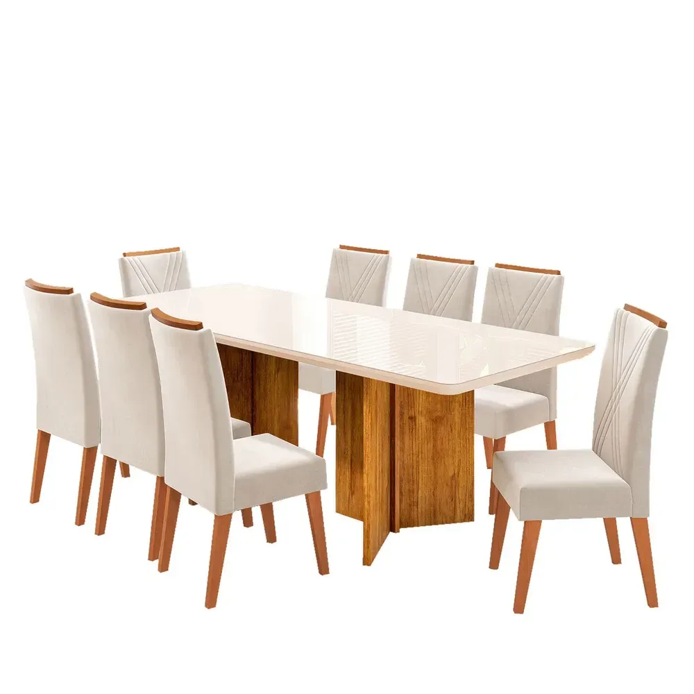 Mesa de Jantar 8 Cadeiras Princeton com Vidro Mel/Off White/Pastel - Viero Móveis - 2