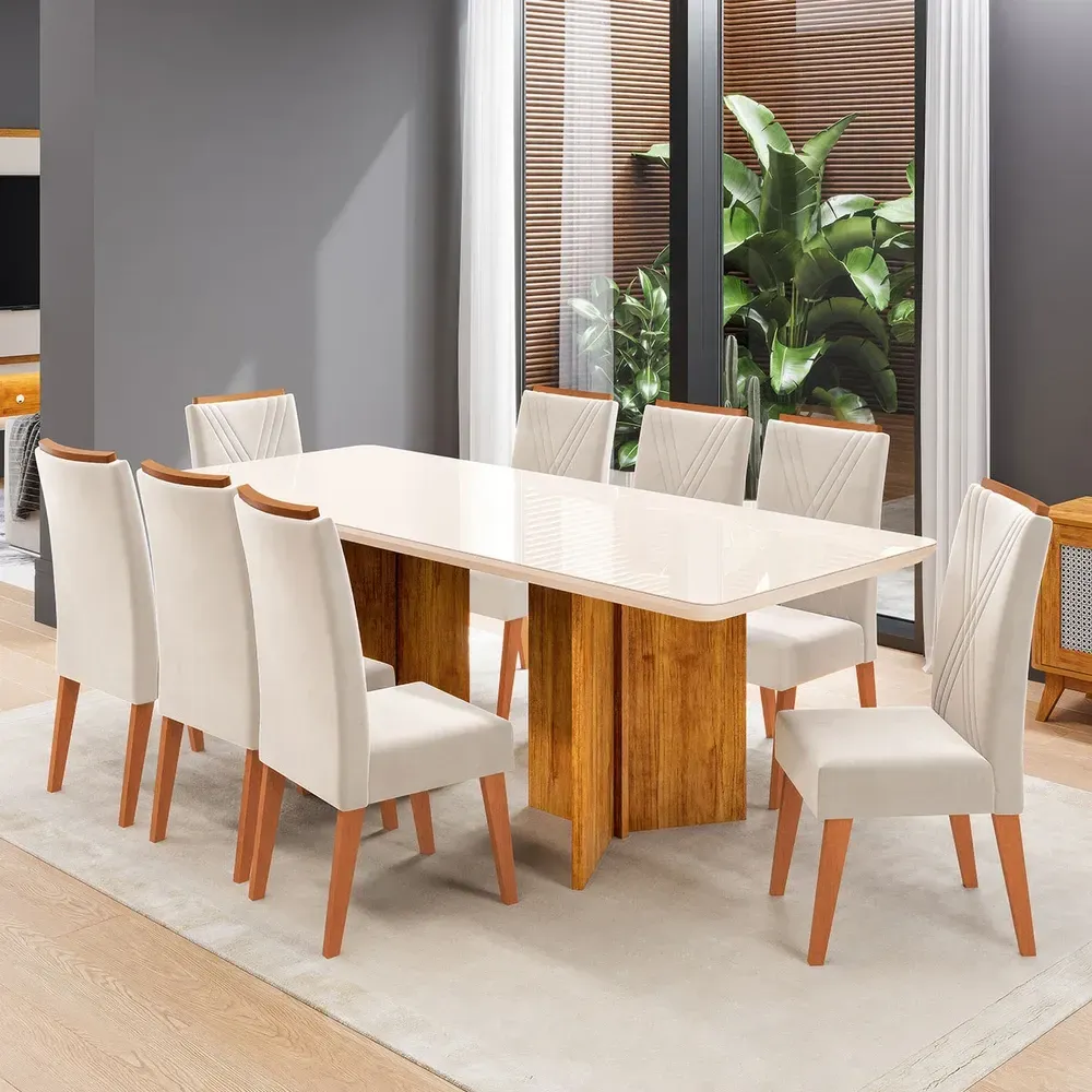 Mesa de Jantar 8 Cadeiras Princeton com Vidro Mel/Off White/Pastel - Viero Móveis - 1