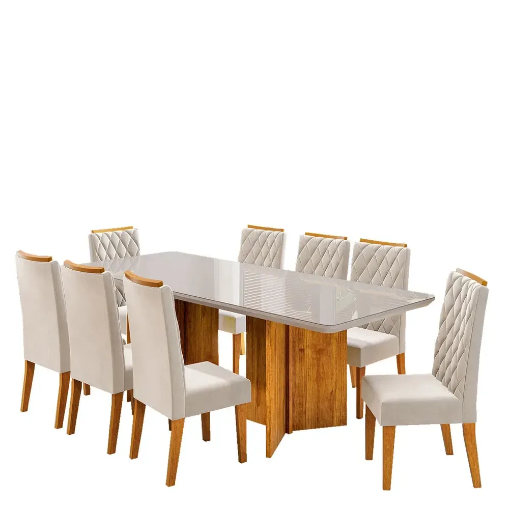 Mesa de Jantar 8 Cadeiras Zinnia com Vidro Mel/Off White/Pastel - Viero Móveis - 2