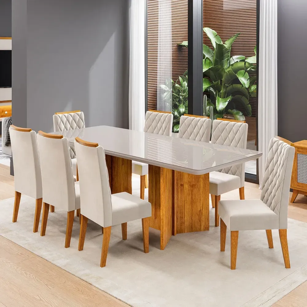 Mesa de Jantar 8 Cadeiras Zinnia com Vidro Mel/Off White/Pastel - Viero Móveis - 1
