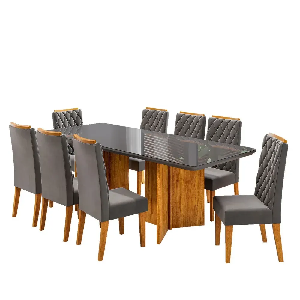 Mesa de Jantar 8 Cadeiras Zinnia com Vidro Mel/Grafite/Cinza- Viero Móveis - 2