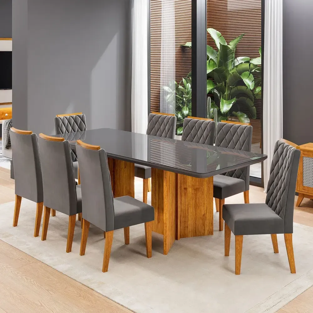 Mesa de Jantar 8 Cadeiras Zinnia com Vidro Mel/Grafite/Cinza- Viero Móveis - 1