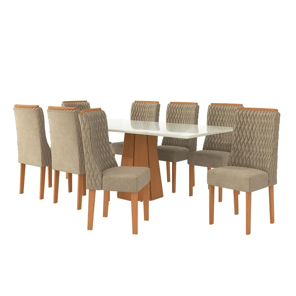 Mesa de Jantar 8 Cadeiras Tiffany com Vidro Canela/Off White/Amendoa - Kappesberg - 2