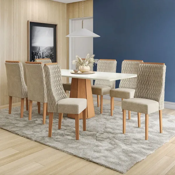 Mesa de Jantar 8 Cadeiras Tiffany com Vidro Canela/Off White/Amendoa - Kappesberg