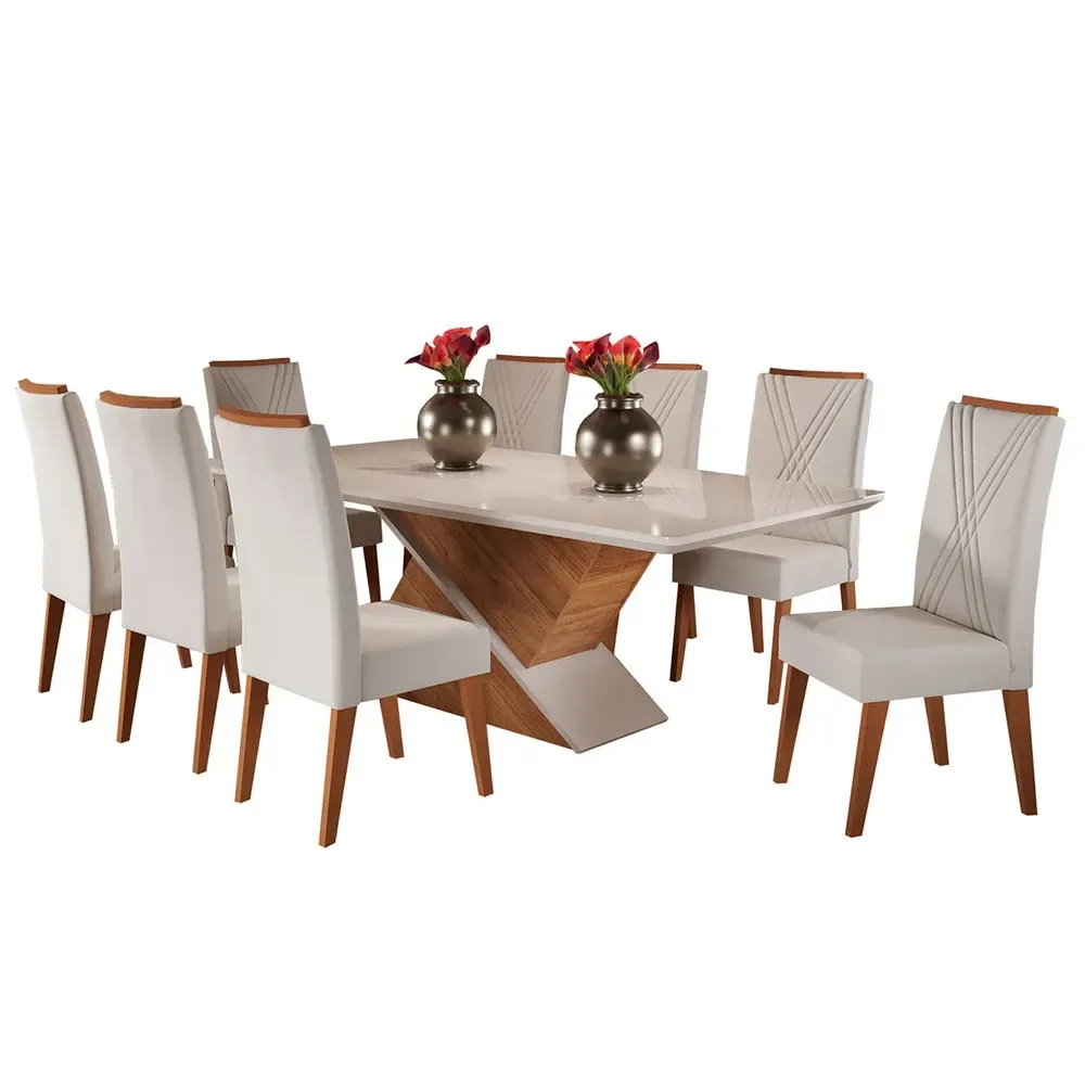 Mesa de Jantar 8 Cadeiras Easy com Vidro Mel/Marfim/Off White - Viero Móveis - 2