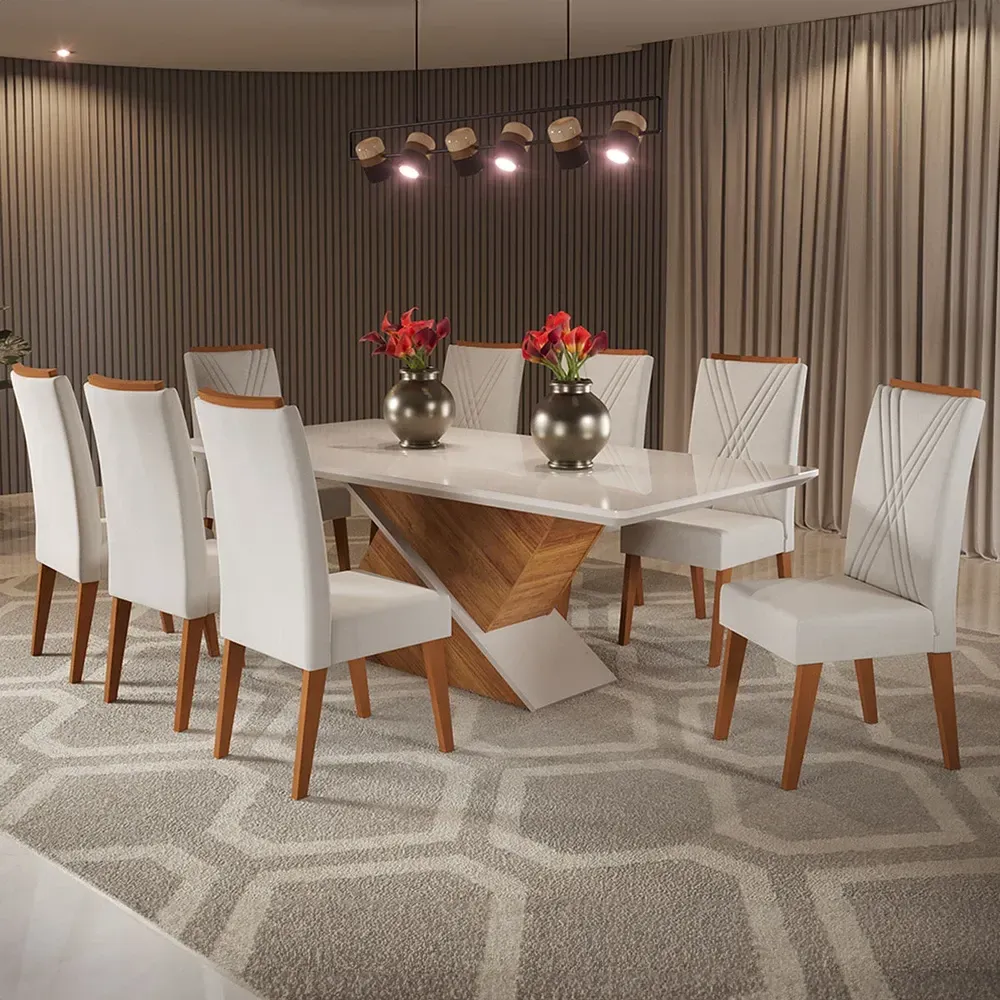 Mesa de Jantar 8 Cadeiras Easy com Vidro Mel/Marfim/Off White - Viero Móveis - 1