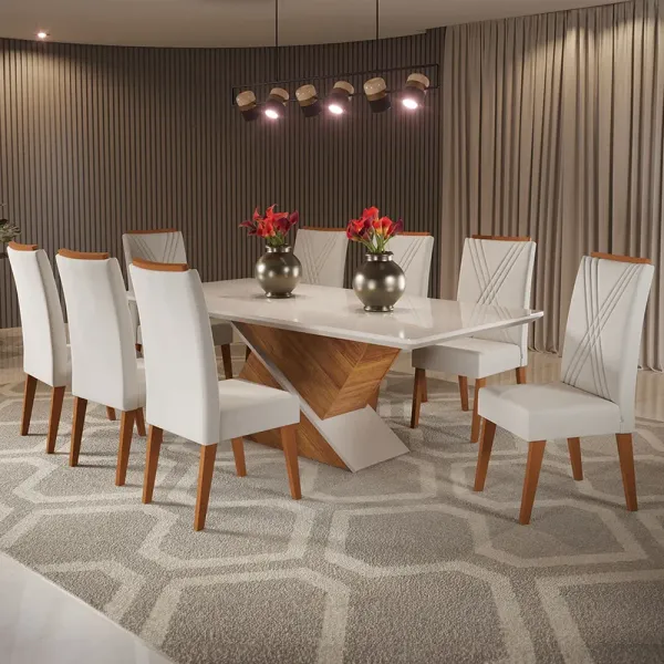Mesa de Jantar 8 Cadeiras Easy com Vidro Mel/Marfim/Off White - Viero Móveis