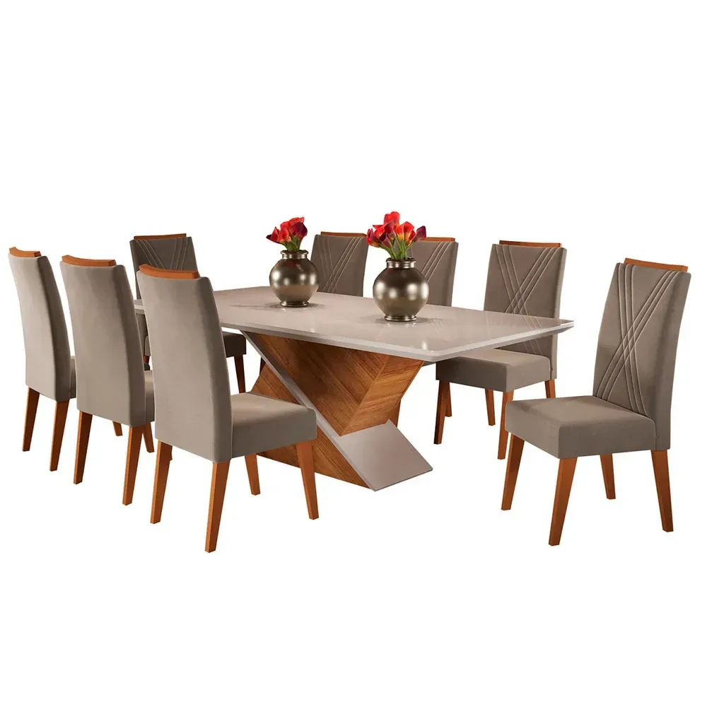 Mesa de Jantar 8 Cadeiras Easy com Vidro Mel/Perola/Off White - Viero Móveis - 2